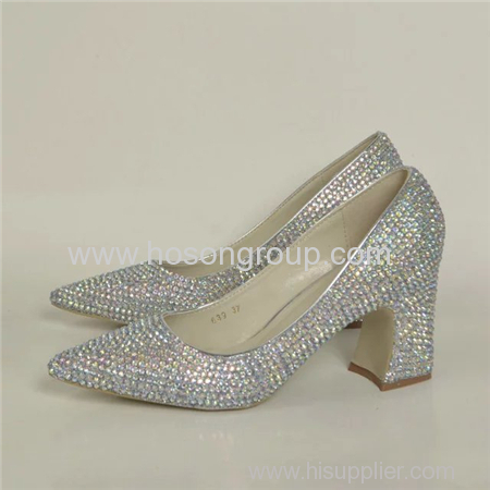 Pointy toe chunky heel women dress shoes with rhinestone