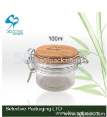 hot sale 100ml plastic pet stainless steel storage jar with bamboo lid and spoon bamboo cosmetic container