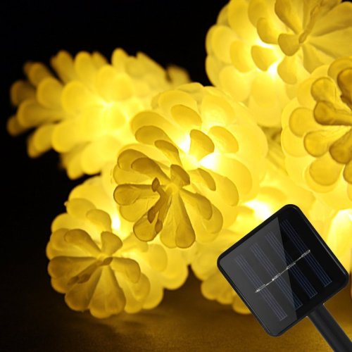 Pinecone Led String Waterproof 20ft 20LED Solar Fairy Starry Lights for Xmas Diwali Halloween Holiday Festival(Warm Whit