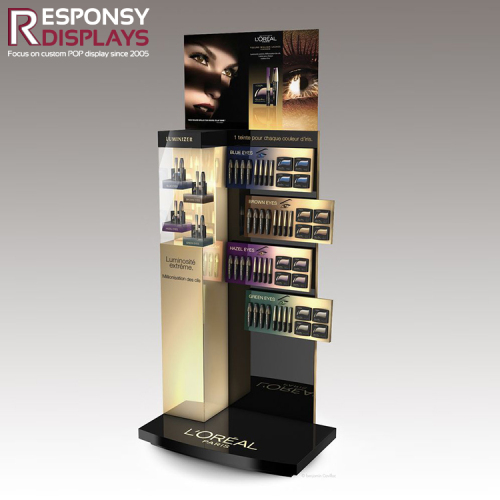 Unique Design Floor Makeup Stand Acrylic Cosmetic Display Rack With Poster And Logo