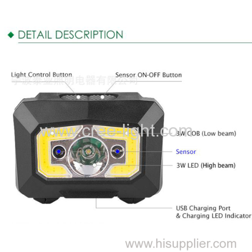 2018 mini ultra super bright 3W COB + 3W LED rechargeable led headlamp with sensor function