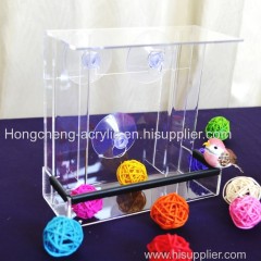 detachable acrylic bird feeder with sliding tray with 4 suction cups