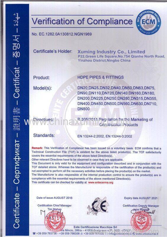 CE certificate of HDPE Pipes & Fittings