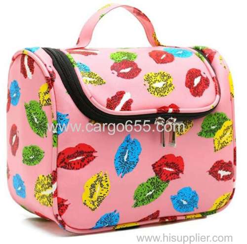 Printed hanging toiletry bag for girls microfiber printed travel cosmetic bag pink flower hanging make up bag