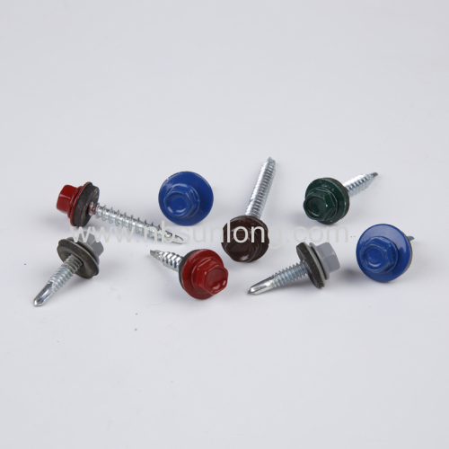 Double shank colored painted hex head self drilling screw with washer for building roofing