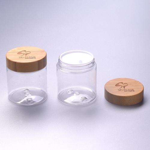 Eco friendly 250g clear transparent pet jar cosmetic jar with bamboo cap screw cup lid plastic jar with wooden cap