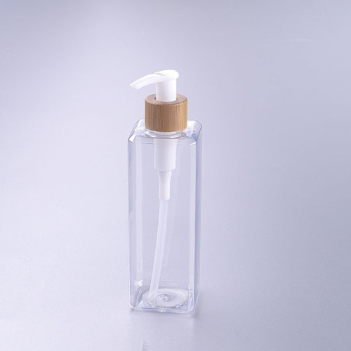 350ML transparent square pet bottle with bamboo pump shampoo bottle