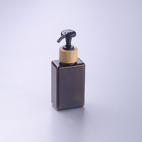 150ml brown square pet bottle with bamboo pump cosmetic bottle