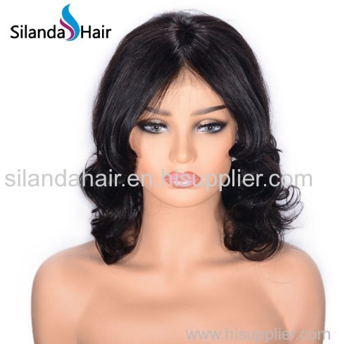 #1B Natural Color Body Wave Brazilian Remy Human Hair Lace Front Wigs 12 Inch