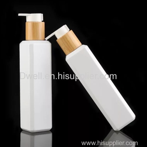 Natural Bamboo Lid Lotion Pump 250ml White Square PET Bottle