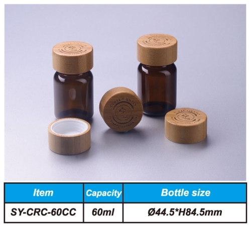 100ml amber glass pill jar capsule bottle with bamboo child resistant cap