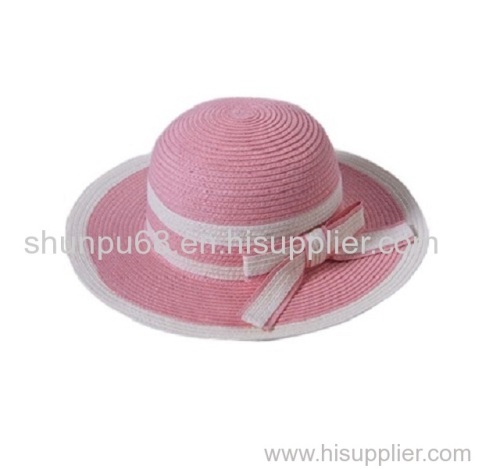 Pink white lovely kids paper straw hat with bow