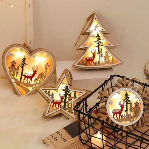 Led Wooden Snow Heart Star Tree Christmas Deer Decoration Holiday Party Room Decoration Night Light