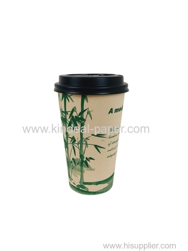 16oz 500ml light brown bamboo paper cups with black cover for coffee drinking