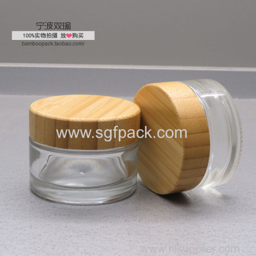 Eco friendly 50g clear glass jar with bamboo lid for cosmetic cream jar on Sale in stock