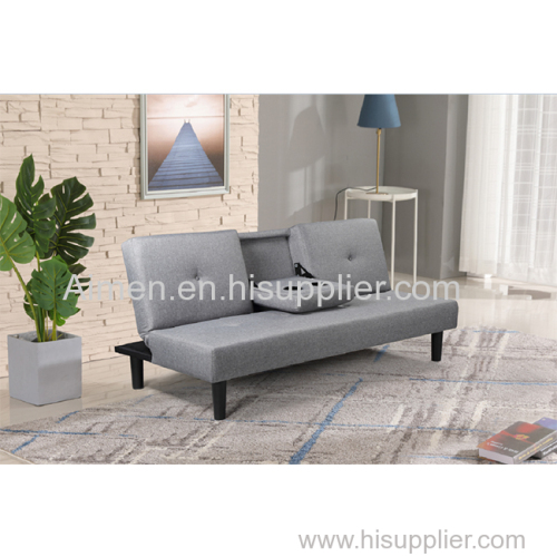 Grey fabric sofa with two cup holders