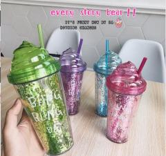 Customized logo Ice cream double wall reusable clear glitter Drinking plastic tumbler with straw