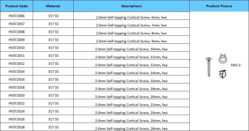 2.0mm Self-tapping Cortical Screws Veterinary Orthopaedic Implants Stainless Steel