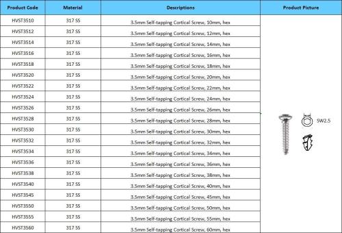 3.5mm Self-tapping Cortical Screws Veterinary Orthopaedic Implants Stainless Steel