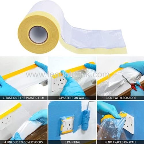 1.7M(170cm/1700mm)x15Mx10Mic Covering Film With Crepe Paper Masking Tape; Protective PE Film With Masking Adhesive Tape.