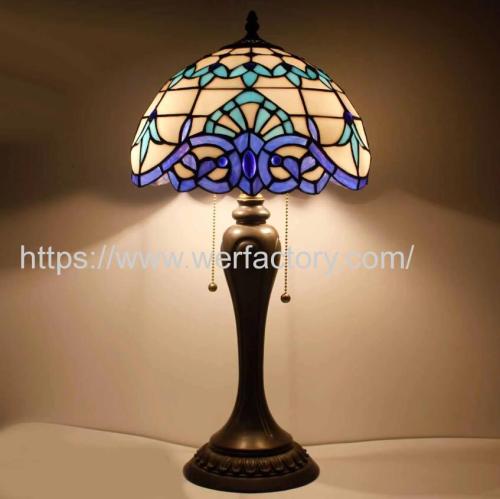 Werfactory Tiffany Lamp Table White Navy Blue Baroque Stained Glass LED Light