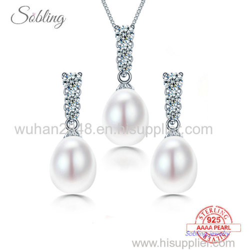 Sobling bridal women geometric long bail natural freshwater teardrop dangling pearl jewelry set with 925 sterling silver