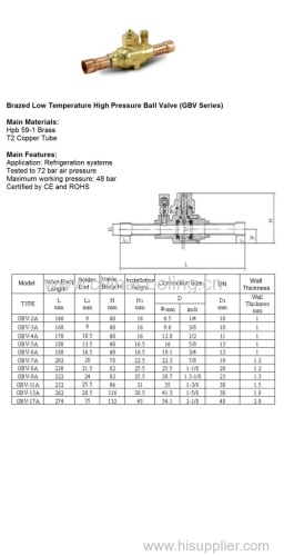 Brazed High Pressure Brass Ball Valve for Refrigeration GBV Series HVAC Copper Tube Valve
