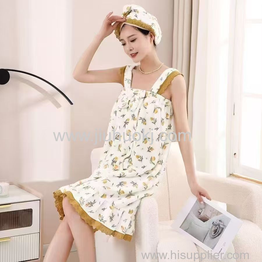 Korean-style bath towel fresh and delicate floral lace-trimmed strappy nightgown thin coral fleece bath towel