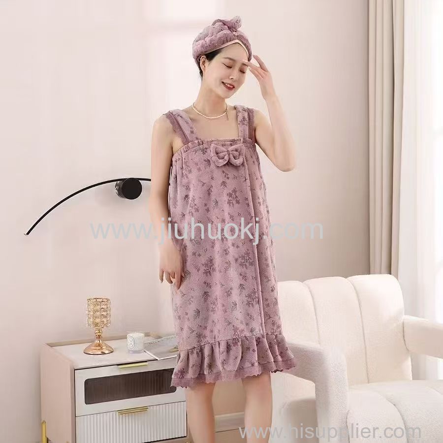 Korean-style bath towel fresh and delicate floral lace-trimmed strappy nightgown thin coral fleece bath towel