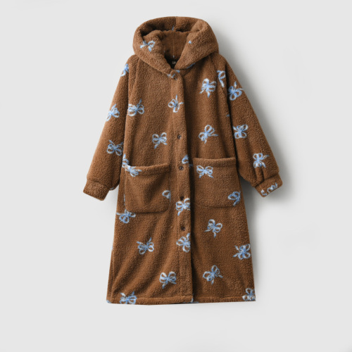 330g Snow Fleece Hooded Robe for Women Single Row Button Plush Loungewear Winter Home Wear