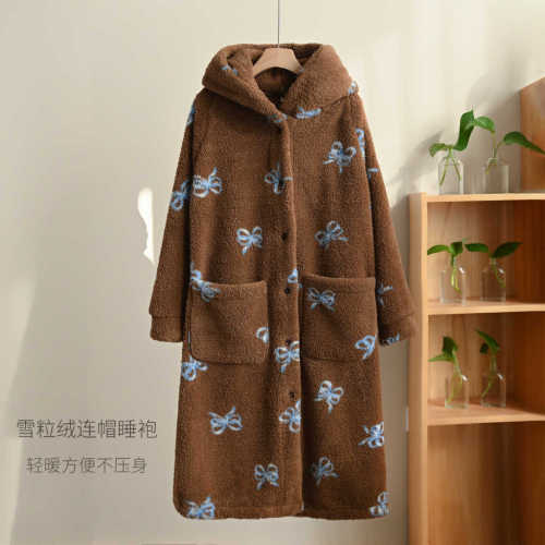 330g Snow Fleece Hooded Robe for Women Single Row Button Plush Loungewear Winter Home Wear