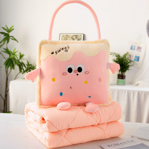 Cartoon Woven 2 in 1 Pillow Blanket Handheld Folding Throw Pillow for Car Office Travel Eco Friendly Nap Cushion