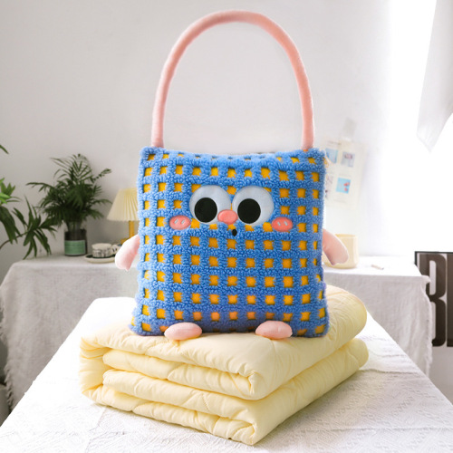 Cartoon Woven 2 in 1 Pillow Blanket Handheld Folding Throw Pillow for Car Office Travel Eco Friendly Nap Cushion