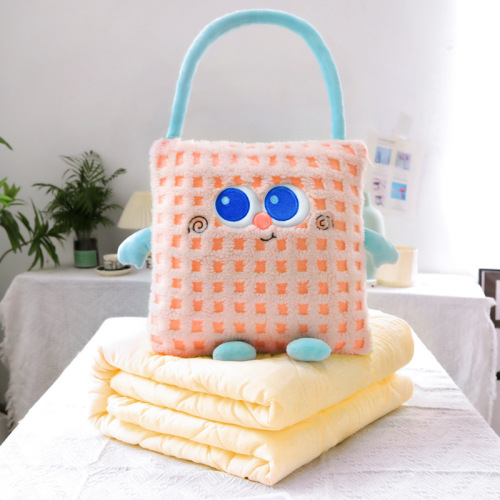 Cartoon Woven 2 in 1 Pillow Blanket Handheld Folding Throw Pillow for Car Office Travel Eco Friendly Nap Cushion
