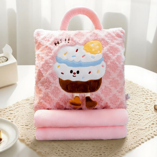 Cartoon Woven 2 in 1 Pillow Blanket Handheld Folding Throw Pillow for Car Office Travel Eco Friendly Nap Cushion