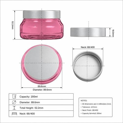 200ml PET Cream Jar with 68-400 Anodized Aluminum Cap Pink Round Plastic Cosmetic Body Butter