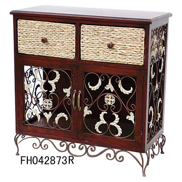 Iron, Rattan and Wood Cabinet with 2 Dawers