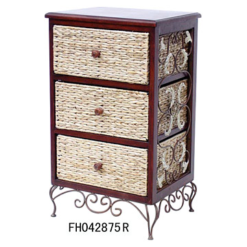 Iron, Rattan and Wood Cabinet with 3 Drawers